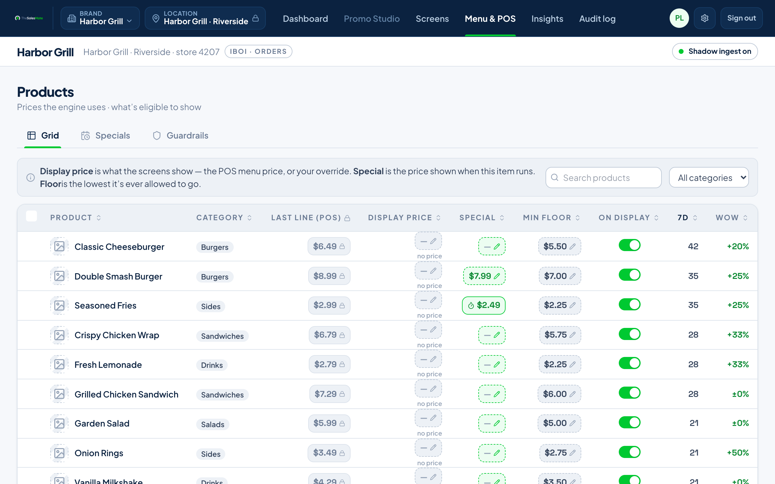The products grid, where an operator switches menu items in or out of rotation